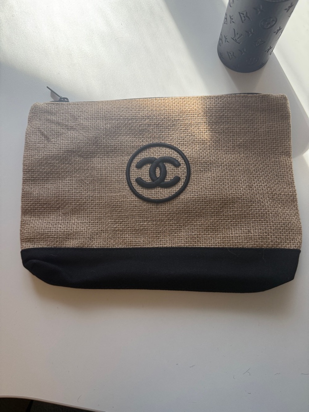 CHANEL Beige and Black Woven Zip Pouch